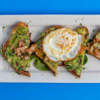 Avocado Toast · Your choice of toast topped with avocado, bruschetta sauce and 1 egg of your choice.