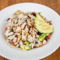 Chopped Chicken Salad · Romaine lettuce, grilled chicken breast, bacon or turkey bacon, garbanzo beans, avocado, tom...