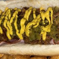 Cuban Dog · ¼ lb dog topped pulled pork, black forest ham, pickles, mustard & Swiss beer cheese.
