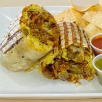 Mac'S Burrito · 2 eggs, sausage, bacon, cheddar cheese and tomatoes served with hash browns.