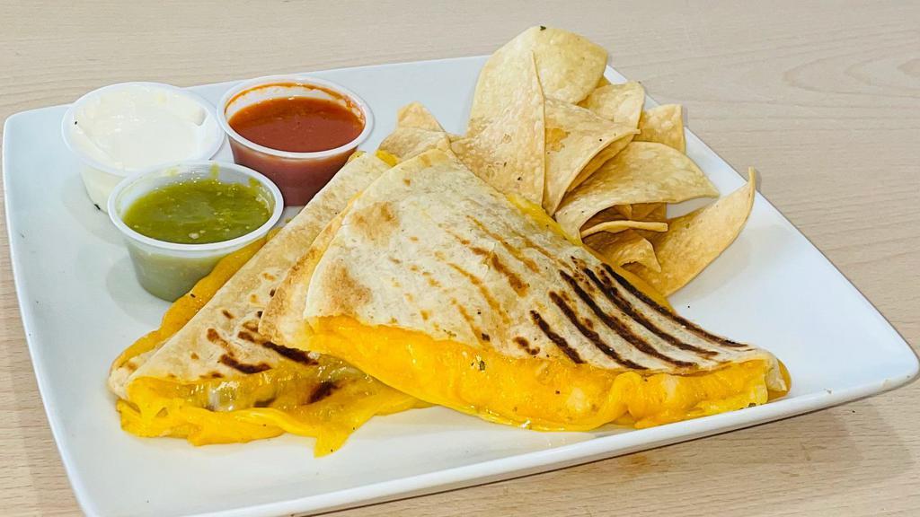 Cheese Quesadilla Platter · Served with rice and beans.