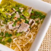 #65. Guey-Tiew Nam (Thai Noodle Soup) · Thai style rice stick noodle soup, topped with bean sprout and green onion.