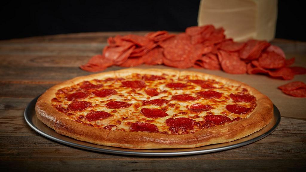 Pepperoni Pizza · Our classic 14” Pizza with our Non-GMO Pizza Sauce made from Fresh Vine-Ripened Tomatoes.” Our two-cheese blend of Mozzarella Cheese and a generous portion of our Savory Pepperoni that will satisfy your taste buds.