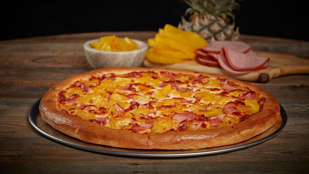 Hawaiian Pizza · Our 14” pizza Starts with our Non-GMO Pizza Sauce made from Fresh Vine-Ripened tomatoes. Our two-cheese Mozzarella Cheese Blend followed by Premium Canadian Bacon slices and Sweet juicy Pineapple. A favorite for all.