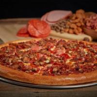 Meat Lovers Pizza · Pepperoni, Canadian Bacon, Sausage, Beef and diced Bacon slices all on our classic 14” pizza...