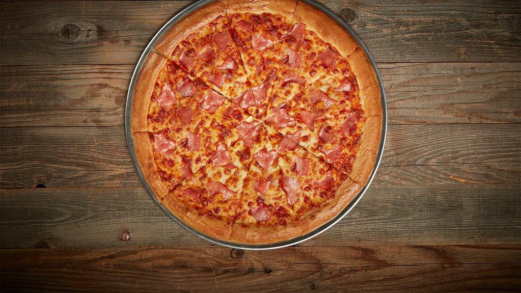 Ham Pizza · Our classic 14” Pizza with our Non-GMO Pizza Sauce made from Fresh Vine-Ripened Tomatoes.” Our two-cheese blend of Mozzarella Cheese and a generous portion Of Real Canadian Bacon.