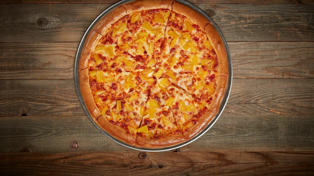 Pineapple Pizza · Our classic 14” Pizza with our Non-GMO Pizza Sauce made from Fresh Vine-Ripened Tomatoes.” Our two-cheese blend of Mozzarella Cheese and a generous portion of Sweet Pineapple that’s sure to impress.