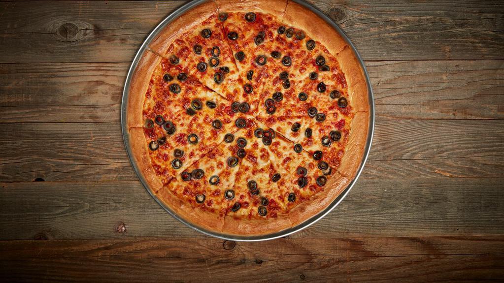 Black Olive Pizza · Our classic 14” Pizza with our Non-GMO Pizza Sauce made from Fresh Vine-Ripened Tomatoes.” Our two-cheese blend of Mozzarella Cheese and a generous portion of Black Olives.
