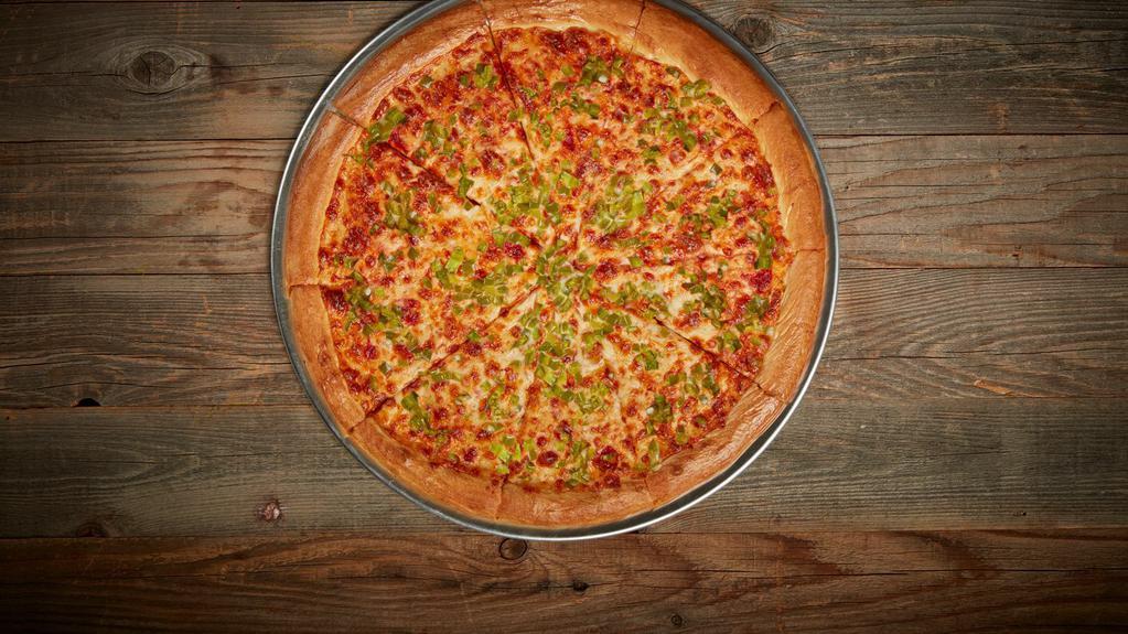 Green Pepper Pizza · Our classic 14” Pizza with our Non-GMO Pizza Sauce made from Fresh Vine-Ripened Tomatoes.” Our two-cheese blend of Mozzarella Cheese and a generous portion of Fresh Green Pepper that’s diced every day in our restaurant.
