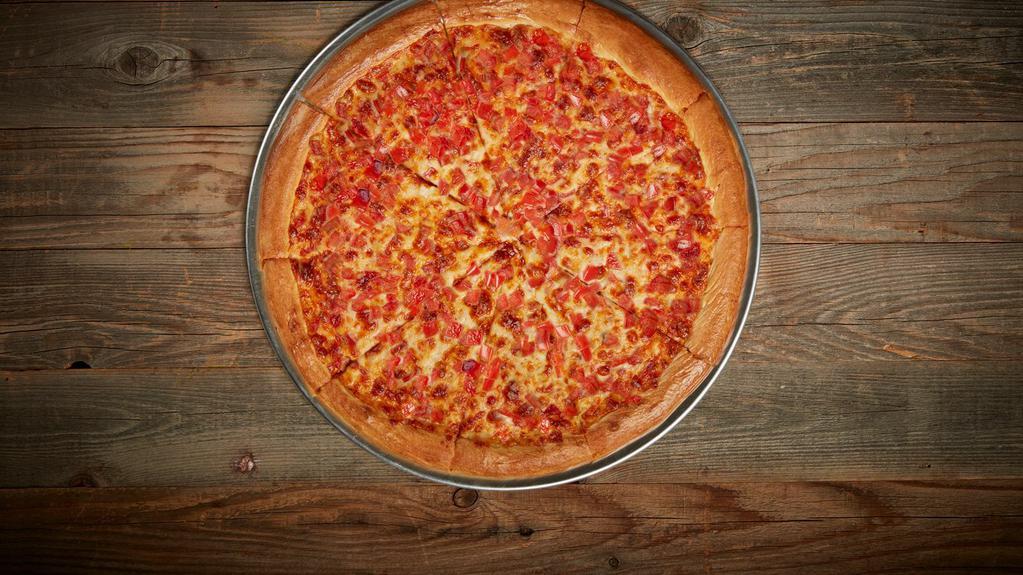 Tomato Pizza · Our classic 14” Pizza with our Non-GMO Pizza Sauce made from Fresh Vine-Ripened Tomatoes.” Our two-cheese blend of Mozzarella Cheese and a generous portion of Fresh Tomatoes that’s diced every day in our restaurant.
