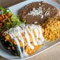 Chile Relleno · Vegetarian, vegan, gluten-free. Our pepper is grilled and steamed (not fried), then stuffed ...