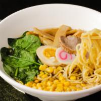 Tokyo Shoyu Ramen · Soy sauce based broth and garlic oil with chashu (pork or chicken), spinach, diced onions, c...