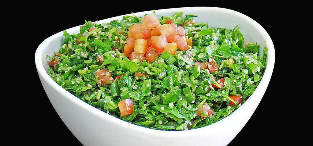 Tabbouleh · Tantalizing Lebanese Salad made of Cracked Wheat, Tomatoes, Parsley and Onions Mixed with Fresh Lemon and Olive Oil. (Vegetarian/Vegan)