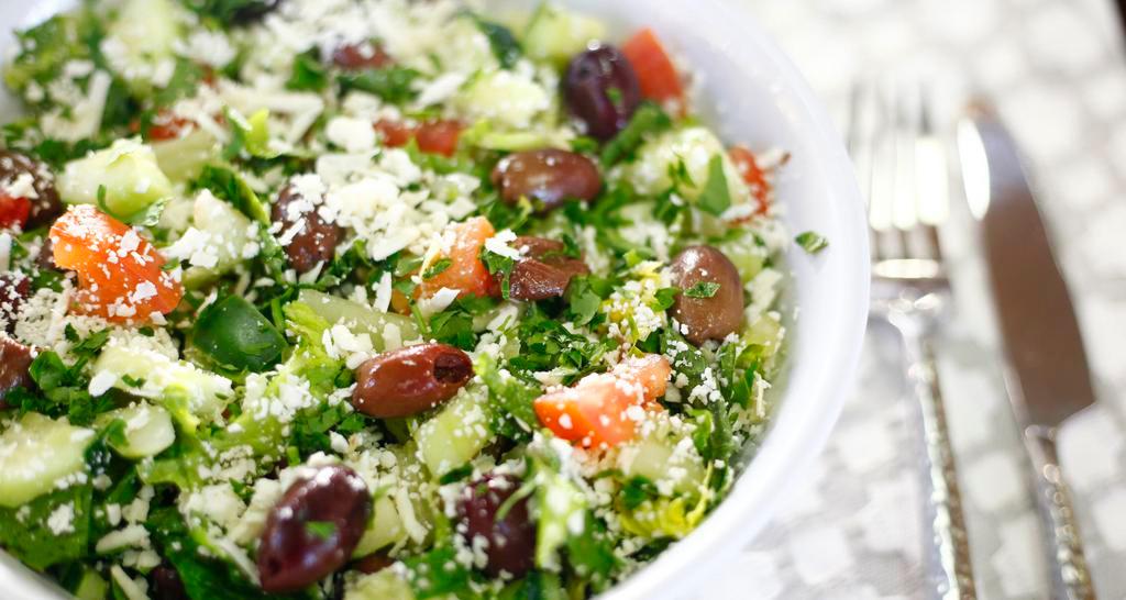 Greek Salad · Romaine Lettuce, Cucumbers, Tomatoes, Onions, Feta Cheese, Kalamata Olives and House Dressing. (Vegetarian) (GlutenFree)