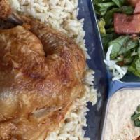 1/4 Chicken (Dark Meat) · Rotisserie Chicken Thigh & Leg served with Hummus, House Salad, and Rice.