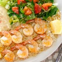 Shrimp Kabob Plate (Dinner) · Two Skewers of Marinated Shrimp Grilled up to Perfection. Served with Hummus, House Salad an...