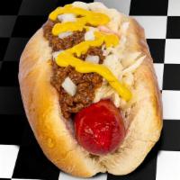 Martinsville Hot Dog · Hot dog with no bean chili, coleslaw, yellow mustard and diced onions