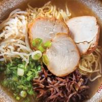 Chicken Ramen · Vegetable broth with chicken base topped with chicken chashu, green onion, bean sprout, wood...