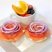 Bagel Lox · Your choice of bagel with cream cheese, tomato, onion, lox (salmon), and capers