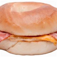 'Fried Egg & Bacon' Bagel · Fried 'egg,' 'bacon,' and American 'cheese' on a buttered and toasted plain bagel.