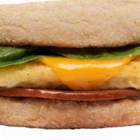 'Canadian Bacon Egg & Cheese' Muffin · Canadian 'bacon,' JUST Egg, American 'cheese,' and spinach on a buttered and toasted English...