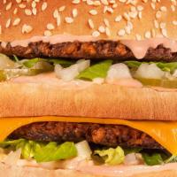 Big Zac Burger · Two sizzled 'beefy' patties, American 'cheese,' shredded lettuce, diced raw onion, pickles, ...