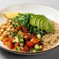 Quinoa Avocado Salad · organic quinoa, fresh herbs, chickpeas, cucumber and tomato salad, house basil vinaigrette