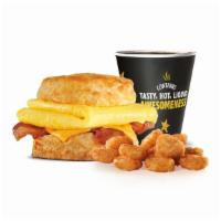 Bacon Egg & Cheese Biscuit Combo · Crispy bacon, folded egg and American cheese on a�buttermilk biscuit. Served with small drin...