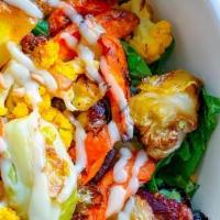 Etna Salad · Warm roasted vegetables, cauliflower, brussel sprouts, rainbow carrots, farro, seasonal mark...