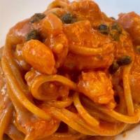 Spicy Shrimp Fra Diavola · Linguini, Baja shrimp, Tomato Sauce,  olive oil, garlic, oregano, Calabrian Chile