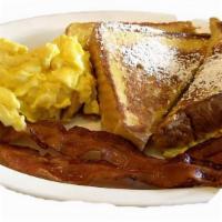 French Toast Plate · Served with 2 Freshly Made French Toast with 2 Cage Free Eggs Choice Bacon, Chorizo, Ham, Po...