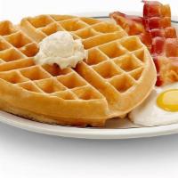 Belgian Waffle Plate · Served with a Freshly Homemade Krusteaz Belgian Waffle, 2 Free Eggs and Choice of Smoked Bac...