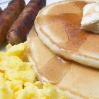 Pancake Plate 3 Stack Plate · Served with 3 Freshly Homemade Krusteaz Buttermilk Pancakes, 2 Cage Free Eggs and Choice of ...