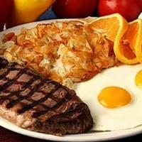 Steak & Eggs Plate · Served with a Fresh 8 oz.  Rib Eye Steak, Fresh Shredded Hashbrowns, 2 Cage Free Eggs and Ch...