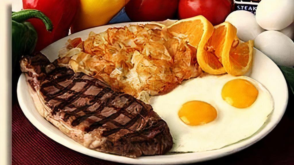 Steak & Eggs Plate · Served with a Fresh 8 oz.  Rib Eye Steak, Fresh Shredded Hashbrowns, 2 Cage Free Eggs and Choice of White, Wheat, Rye or Sour Dough Toast.