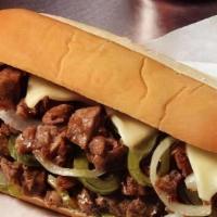 Philly Cheese Steak · This Famous Sandwich is Prepared with Chopped  Sauteed Rib Eye Beef, Topped with Sliced Melt...