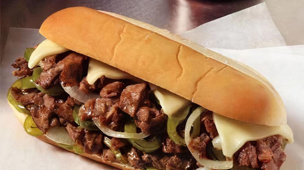 Philly Cheese Steak · This Famous Sandwich is Prepared with Chopped  Sauteed Rib Eye Beef, Topped with Sliced Melted White American Cheese, Sauteed Onions and Fresh Green Bell Peppers on a Freshly Baked Long 8