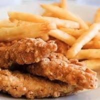 Chicken Strips & Fries · 3 Chicken Strips Served with Seasoned Fries.  Choice of Homemade Fresh Ranch, BBQ, Honey Mus...