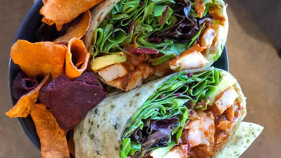 Bbq Chicken Wrap · chicken, vibe paleo bbq sauce, avocado, mixed greens, red onion, jalapeño wrapped in a spinach tortilla