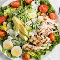 Cobb Salad · Mixed Greens lettuce,  Grilled Chicken, tomato, bacon, red onion, hardboiled egg, blue chees...