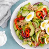 Tuna Salad · Mixed greens, tuna, dressed with mayo, lemon, celery, hard boiled egg, feta cheese and red r...