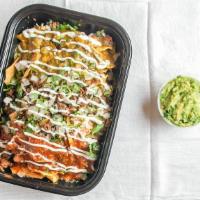 Nachos With Meat · Tortilla chips, cheese, beans, meat of choice and choice of salsa, onions, and cilantro.