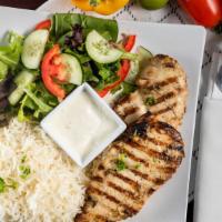 Grilled Chicken · It comes with rice, salad, and pita.