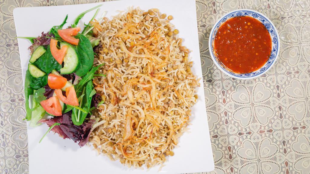 Mujadara · It comes with rice, salad, and pita.