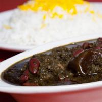 Ghormeh Sabzi · Sauteed herbs (parsley, spinach, fenugreek, chives) cooked with dried limes, chunk of should...