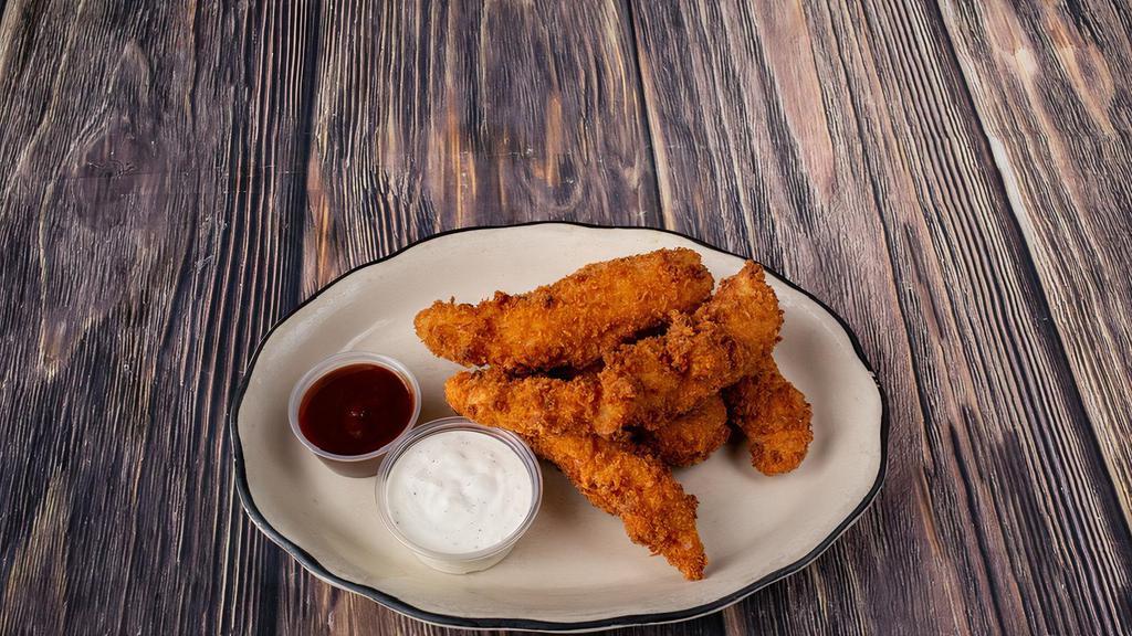 Chicken Strips · Tender all white meat chicken tenders covered in southern style breading and deep fried to golden brown. Served with your choice of a zesty BBQ or cool ranch dipping sauce.