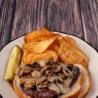 Millionaire Steak Sandwich · Grilled steak with caramelized onions, mushrooms and Swiss cheese. Served open faced on sour...