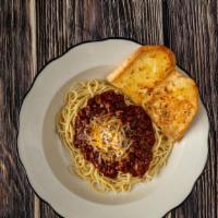 Chili Spaghetti · Spaghetti noodles topped with our homemade chili. Served with garlic toast.
