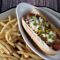 Chili Dog · Grilled all beef dog topped with chili and served on a bun. Served with fries.