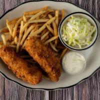 Fish & Chips · Two white fish filets battered and deep fried to golden brown deliciousness. Served with han...